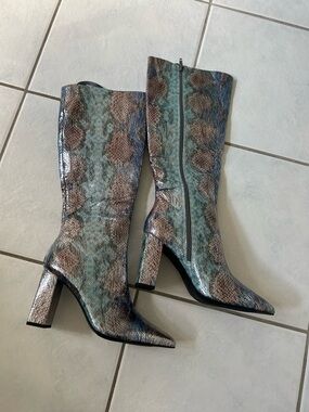 Wild Pair Teal and Brown Snake-Print Mid-Calf Heel Boots